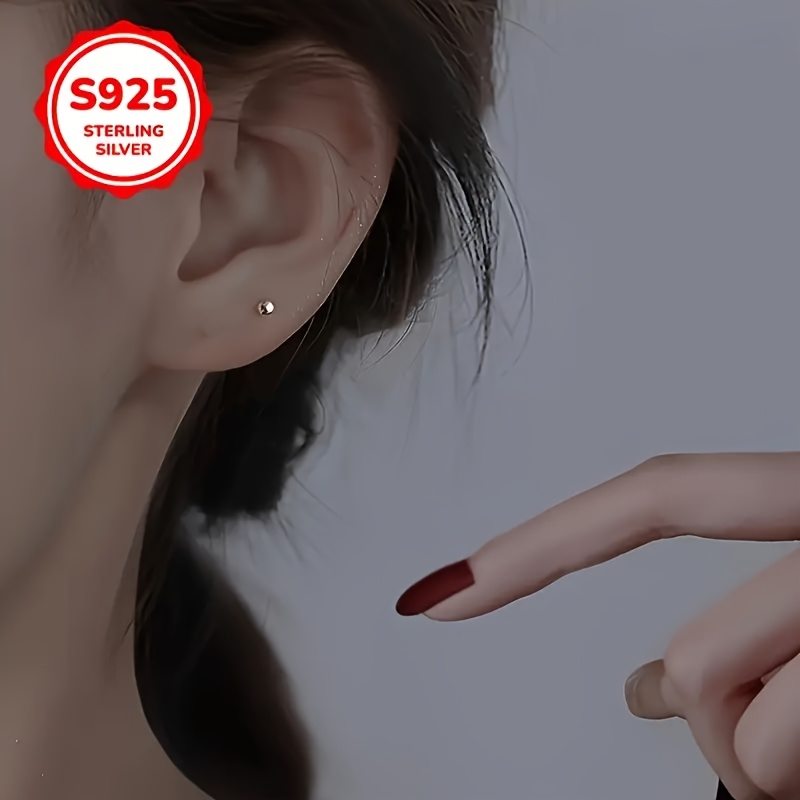 Women's 925 Sterling Silvery Stud Earrings with 3mm Round Beads
